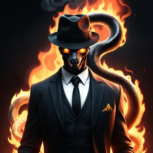 Prompt: a serpent in a suit and fedora on a thrown with souls underneath, the serpent black out like a game character that haven't been unlock
and the title "hell rising" in flames