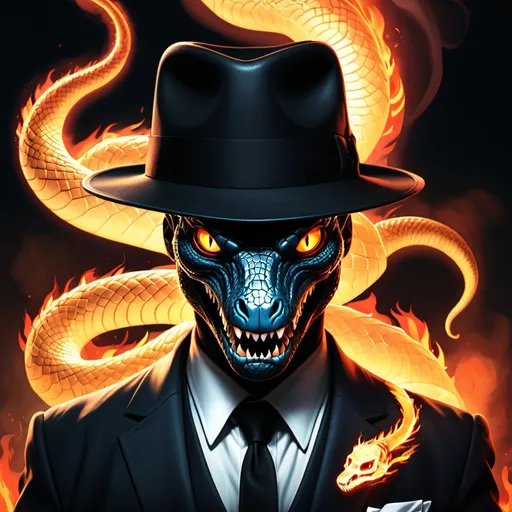 Prompt: a serpent in a suit and fedora on a thrown with souls underneath, the serpent black out like a game character that haven't been unlock
and the title "hell rising" in flames