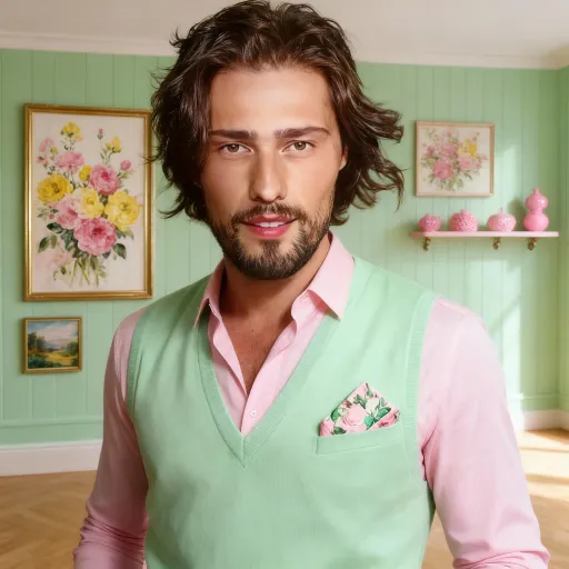 Prompt: A handsome man with brown wavy hair and a neatly trimmed beard, wearing a light pink long-sleeved shirt and a pastel green V-neck vest, featuring a pastel pink and green floral pocket square, in a room with light green paneled walls adorned with multiple framed floral art pieces predominantly featuring pink and yellow flowers on a light background, alongside a smaller landscape painting, with a light wooden floor and various pink decorative items on a wall-mounted shelf. Style: Photorealistic, Modern Chic Lighting: Soft Natural Light, subtly illuminating the room and casting gentle highlights on the man's face and clothing. Composition: Medium Close-up, slightly from the chest up, capturing a head-on view of the man, with the wall art and shelf decor visible in the background. Details: Intricate floral patterns on the art and pocket square, smooth textures of the man's clothing, subtle pink accents on his lips, glossy finish on the framed art and decorative objects, warm and inviting atmosphere. Quality: High Detail, 4K, Masterpiece,
