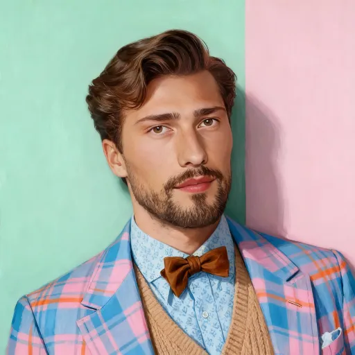 Prompt: A handsome young man with impeccable grooming, featuring a neatly styled coiffed brown hair and a short, well-trimmed beard, wearing a distinctive pastel plaid blazer with blue, pink, and orange tones, a light blue patterned dress shirt, a brown bow tie, and a light brown knitted vest, looking directly at the viewer with a calm and engaging gaze], [leaning casually against a wall], in a [minimalist setting featuring panels of mint green and soft pink, reminiscent of a vintage train car or art deco interior]. Style: [Photorealistic, Digital Painting, Retro-inspired Editorial Photography] Lighting: [Soft, even studio lighting with subtle highlights on the face and hair] Composition: [Close-up, Head and Shoulders Shot, Rule of Thirds] Details: [Sharp facial features, detailed texture on the plaid blazer and knit vest, precise stitching on the shirt and bow tie, warm skin tones, clean backdrop with subtle pastel color blocking, inviting atmosphere, sophisticated yet approachable] Quality: [High Detail, 4K, Masterpiece, Award-winning photography, Sharp focus, Vibrant Colors]
