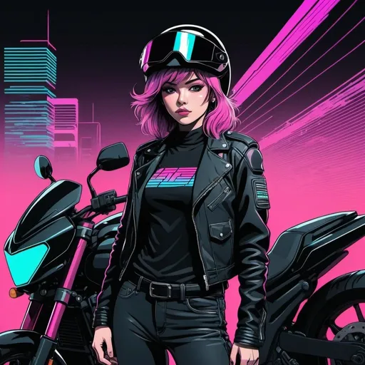 Prompt: Anime line art female biker wearing a full-faced helmet, black jacket, and standing next to motorcycle with a 80’s synthwave theme