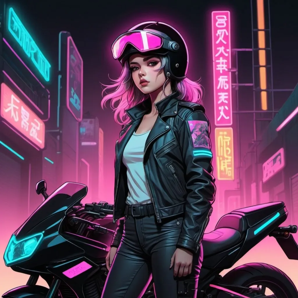 Prompt:  High res cute anime line art female biker wearing a full helmet with a closed visor, jacket, and standing next to motorcycle with a 80’s synthwave theme with neon signs, lasers