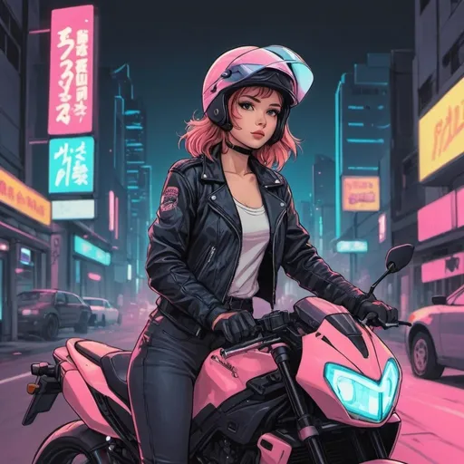 Prompt: Simplistic Anime black pen Line art cute female biker wearing a helmet, jacket, and standing next to motorcycle in a neon city with retrowave copic marker coloring