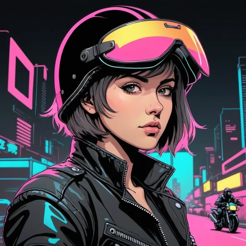 Prompt: Simple line art anime style portrait of mysterious short hair female biker wearing a full helmet with a closed visor, jacket, and standing next to motorcycle with an 80’s neon cyberpunk theme.