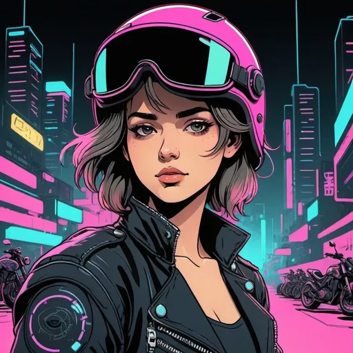 Prompt: Simple line art anime style portrait of mysterious cute female biker wearing a full helmet with a closed visor, jacket, and standing next to motorcycle with an 80’s neon cyberpunk theme.