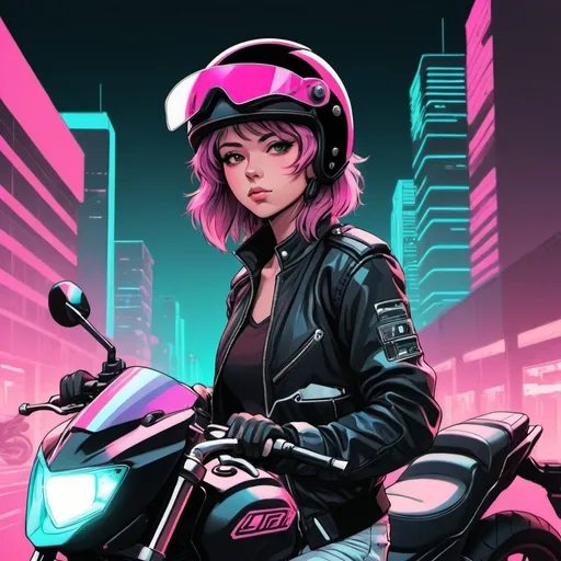 Prompt: Simplistic portrait of Anime line art female biker wearing a full helmet with a closed visor, jacket, and standing next to motorcycle with a 80’s synthwave theme in a city