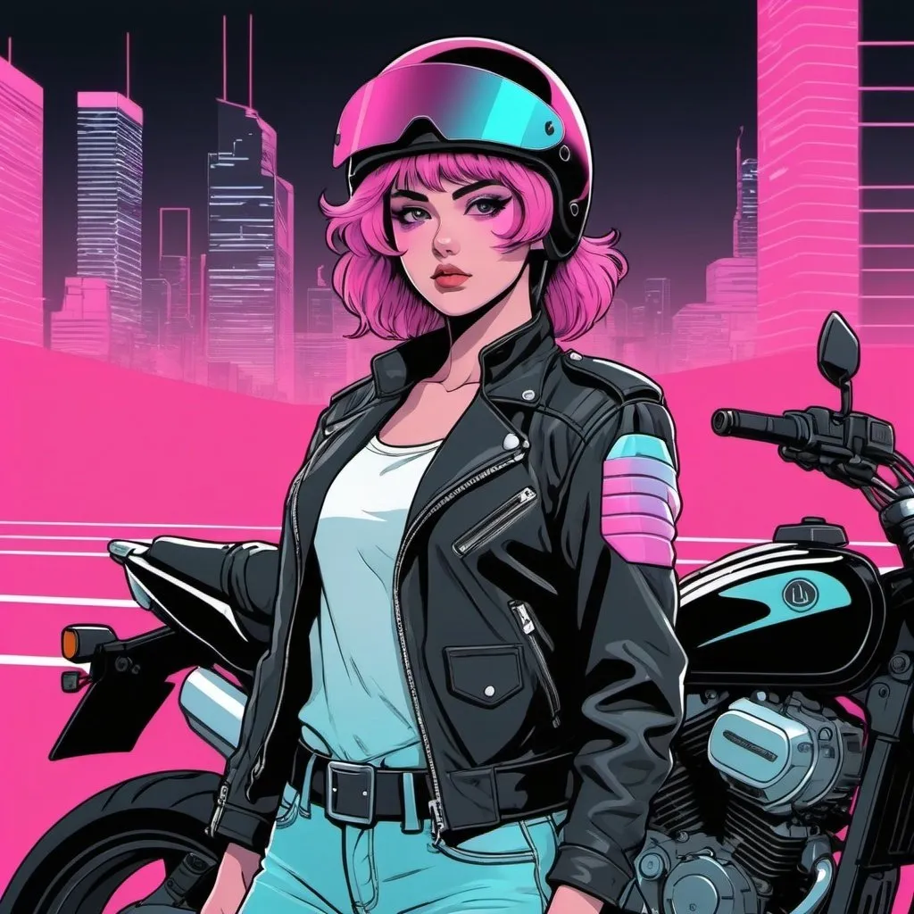 Prompt: Anime line art female biker wearing a full helmet with a closed visor, jacket, and standing next to motorcycle with a 80’s synthwave theme