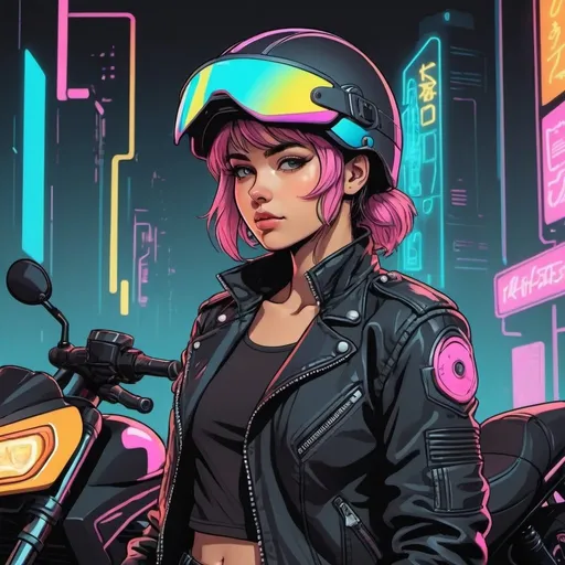 Prompt: Simple line art anime portrait of cute female biker wearing a full helmet with a closed visor, jacket, and standing next to motorcycle with an 80’s neon cyberpunk theme.