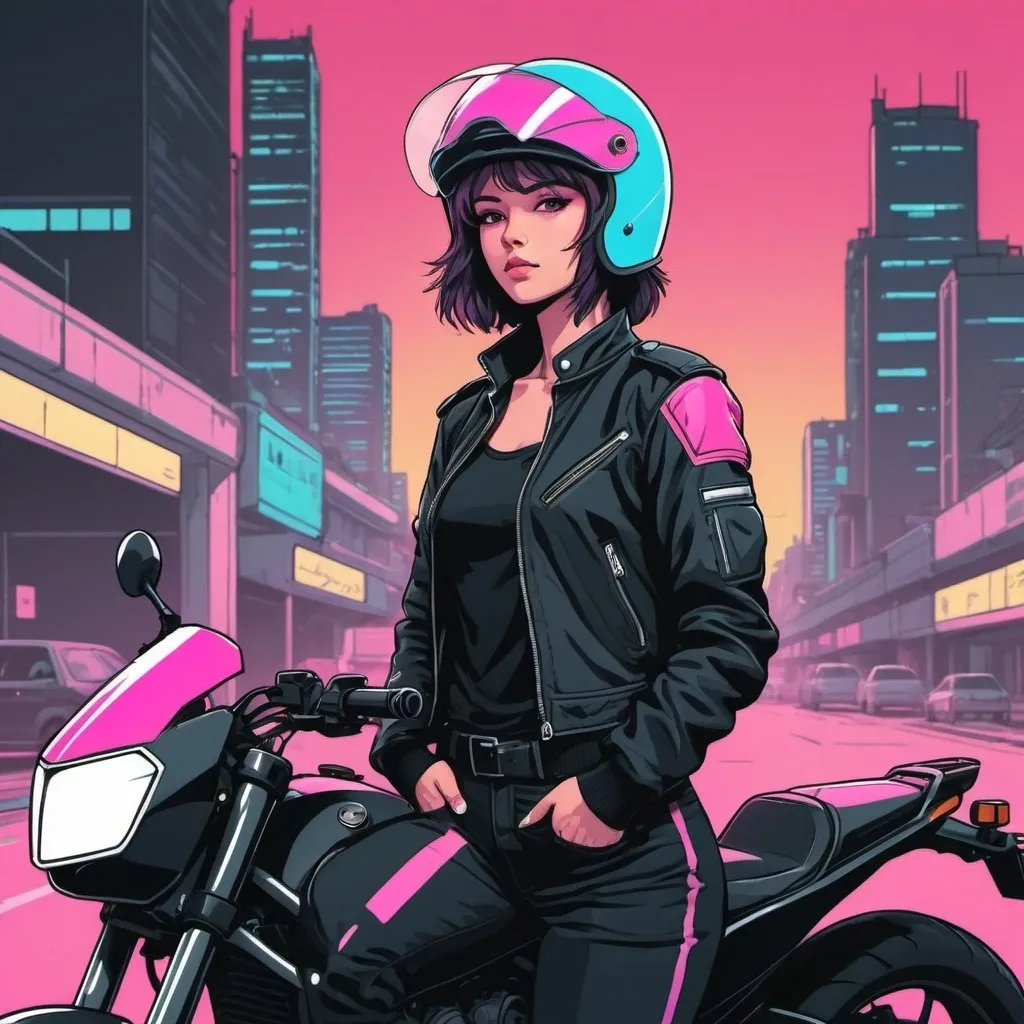 Prompt: Simplistic portrait of Anime line art female biker wearing a full helmet with a closed visor, jacket, and standing next to motorcycle with a 80’s synthwave theme in a city