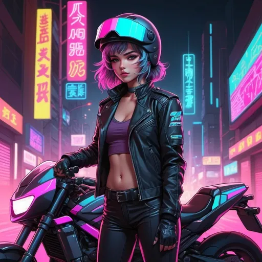 Prompt: High res cute anime line art female biker wearing a full helmet with a closed visor, jacket, and standing next to motorcycle with a 80’s synthwave theme in a city with neon signs, and lasers