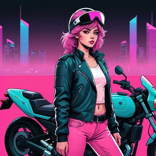 Prompt: synthwave cute Anime line art female biker wearing a full helmet with a closed visor, jacket, and standing next to motorcycle with an 80’s synthwave theme