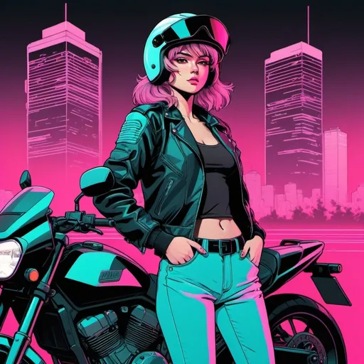 Prompt: Anime line art female biker wearing a full helmet with a closed visor, jacket, and standing next to motorcycle with a 80’s synthwave theme
