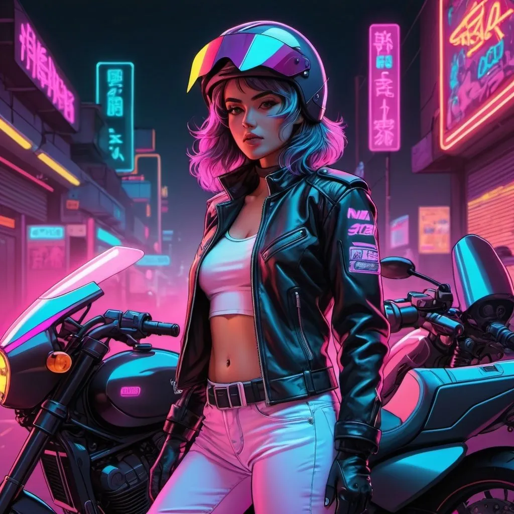 Prompt: Non-realistic high res anime line art female biker wearing a full helmet with a closed visor, jacket, and standing next to motorcycle with a 80’s synthwave theme with neon signs, lasers