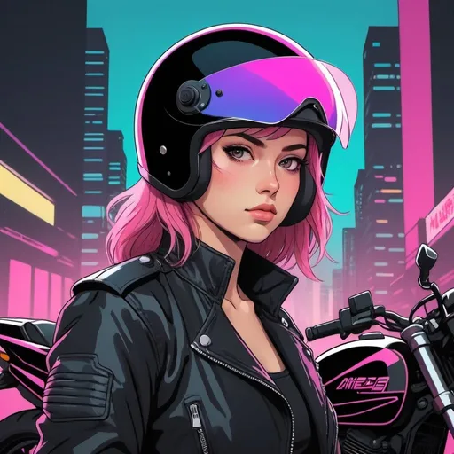 Prompt: Simplistic portrait of Anime line art female biker wearing a full helmet with a closed visor, jacket, and standing next to motorcycle with a 80’s synthwave theme in a city