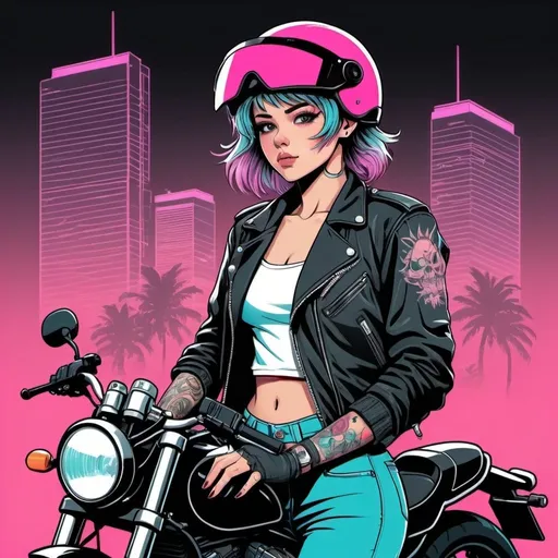 Prompt: cute anime line art female biker with tattoos wearing a full helmet with a closed visor, jacket, and standing next to motorcycle with a 80’s synthwave theme