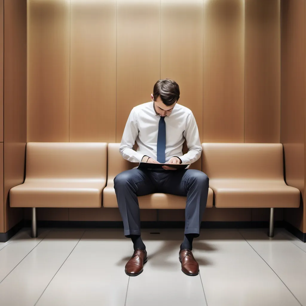 Prompt: """Create an image of a person waiting in a lobby for a job interview. The person's body is slightly leaning forward, with legs crossed at the ankles and one foot tapping lightly against the floor. One hand rests on their knee, fingers tapping rhythmically, while the other hand grips a folder tightly, with knuckles slightly white from the pressure. Occasionally, they switch between rubbing their palms together and picking at their fingernails. The background should be a neutral, non-specific lobby setting. The focus should be on the subtle hand gestures and body language, without any cultural, ethnic, or regional identifiers."""