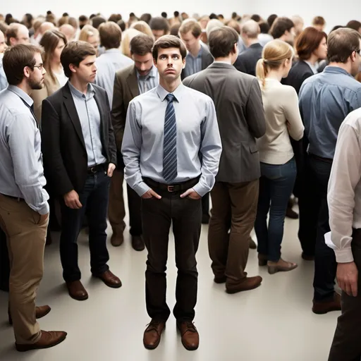 Prompt: """Create an image of a person standing in a crowded room, such as a networking event or social gathering. The person's shoulders are slightly hunched, and their posture lacks confidence. Their feet are planted firmly on the ground, but they appear uneasy. One hand is intermittently scratching their head, while the other hand occasionally rubs their chin. Sometimes, both hands are seen fidgeting with an object like a pen or a napkin. The focus should be on the hand movements and body language, with no facial expressions visible. The background should be neutral and non-specific, without any cultural, ethnic, or regional identifiers."""