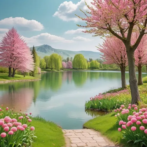Prompt: beautiful scenery with a lake in the centre in spring setting and trees with different flowers in colours in shades of pink and green