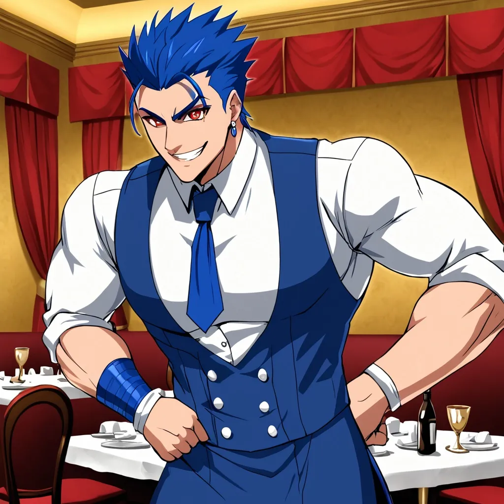 Prompt: Cu Chulainn Blue Lancer dressed as a muscular waiter with red eyes and blue anime hair with a flirtatious smile