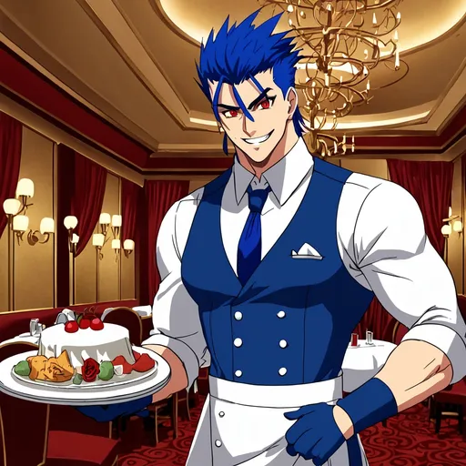 Prompt: Cu Chulainn Blue Lancer dressed as a muscular waiter with red eyes and blue anime hair with a flirtatious smile