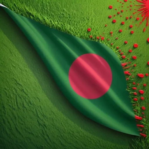 Prompt: (detailed depiction of the Bangladesh flag), vibrant colors, (lush green) field representing "Lal Sobuj," rich red circle symbolizing the sun, (splash of 4K brightness), contrasting hues, dynamic shadow plays, soft natural background, expressing cultural identity and patriotism, (crisp lines), ultra-detailed design, high-quality visual aesthetics, conveying national pride and unity.