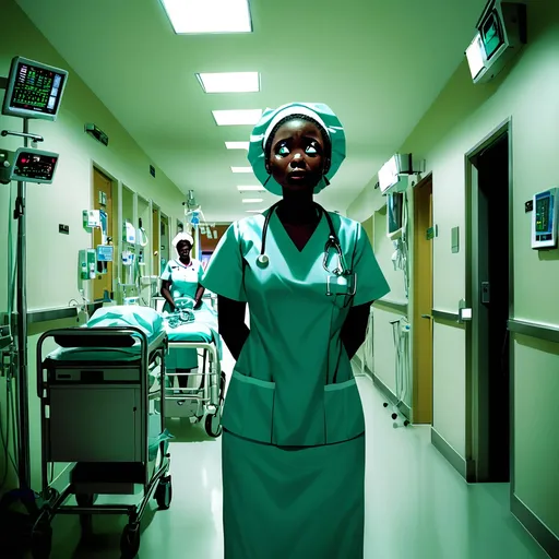 Prompt: : Abigail in the Hospital**
   - Abigail’s face crumpling into tears in the sterile environment of a hospital hallway, surrounded by medical equipment and bustling staff. She’s in a nurse’s uniform, and her confident exterior is breaking down as she stands under bright fluorescent lights. In a ghanaian atmosphere