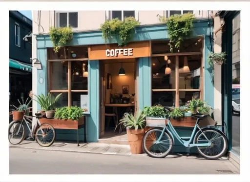 Prompt: a coffee shop with buetiful plants and bicycle