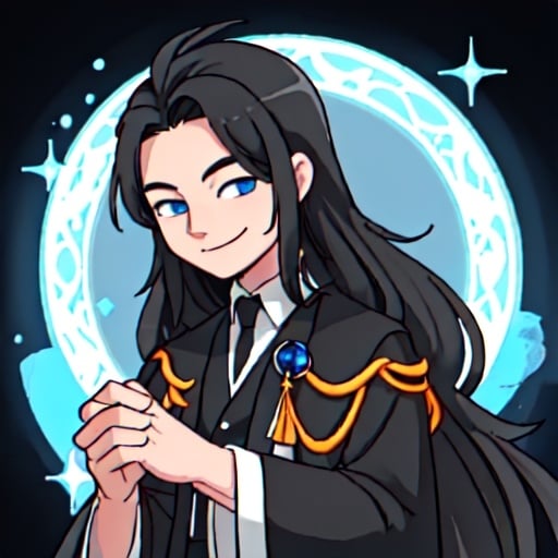 Prompt: a handsom man with black long 
 hair and blue eyes, high quality detailted black and white robe smiling 