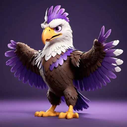 Prompt: Disney pixar character, 3d render style, eagle mascot with purple feathers, with arms, humanoid, cinematic colors, 