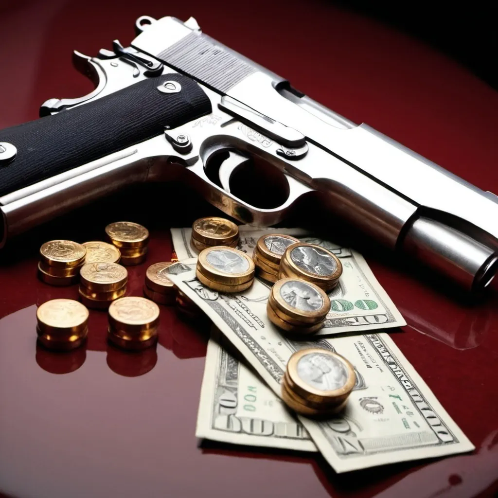 Prompt: guns background jewellry blood money