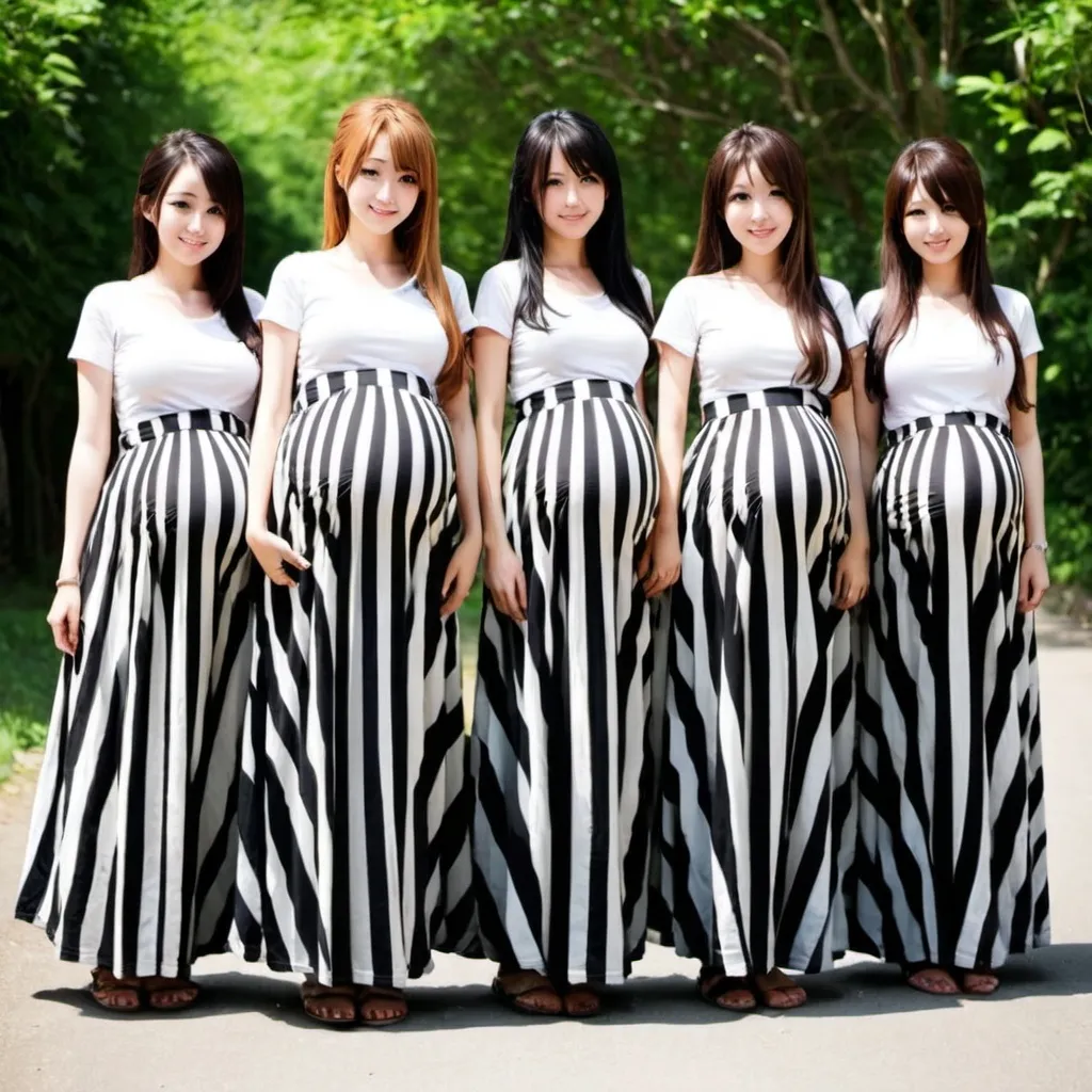 Prompt: Many pregnant anime girls wearing maxi long vertical striped skirts that are extremely long.