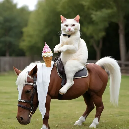 Prompt: make a cat sitting on a horse and eating icecream