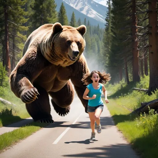 Prompt: make a girl running from a big bear
