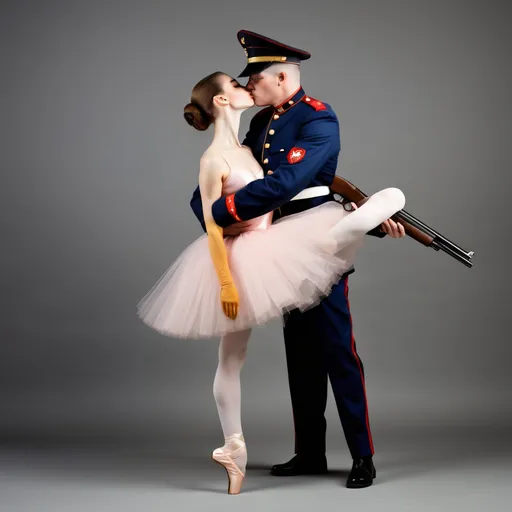 Prompt: classic ballerina kissing a soldier with a shotgun
