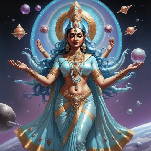 Prompt: A bejeweled, light blue skinned Hindu goddess pilots a roomy and enclosed spacecraft. She wears an iridescent Indian saree. She has multiple arms.