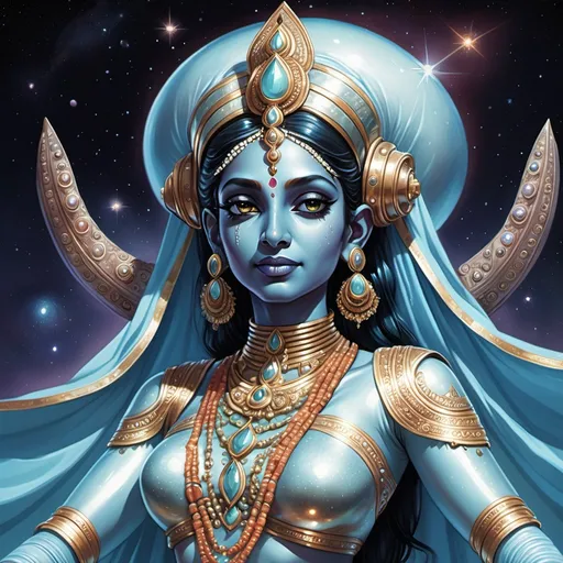 Prompt: A bejeweled, light blue skinned Hindu goddess pilots a roomy and enclosed spacecraft. She wears an iridescent Indian saree. She has multiple arms.