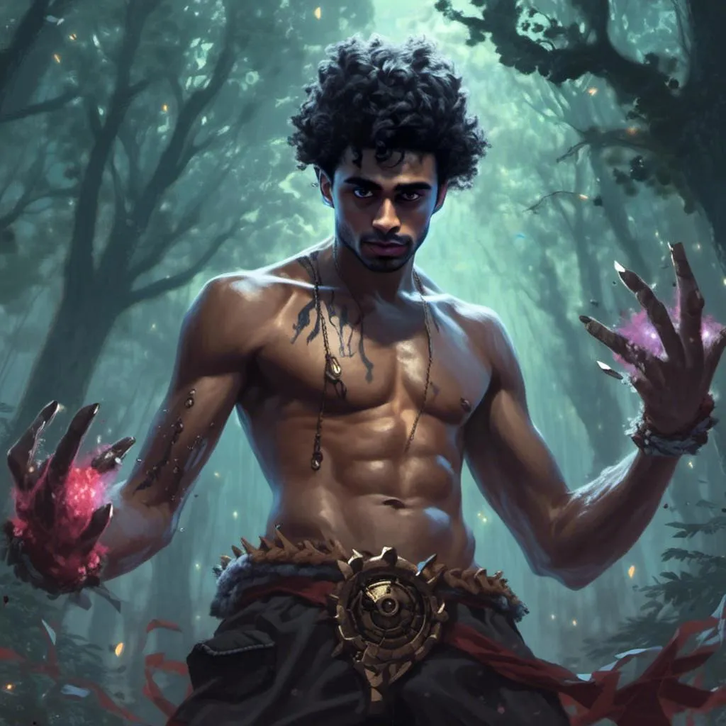 Prompt: <mymodel>  a bare-chested man dressed like a medieval savage draws a magic seal in front of night forest, Dr. Atl, vanitas, league of legends splash art, cyberpunk art