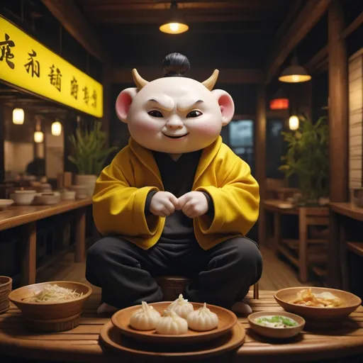 Prompt:  dumpling shaped character, sitting on a bamboo steamer, restaurant background, devilish vibes, black and yellow colours, thin guy wearing oversized streetwear  clothes