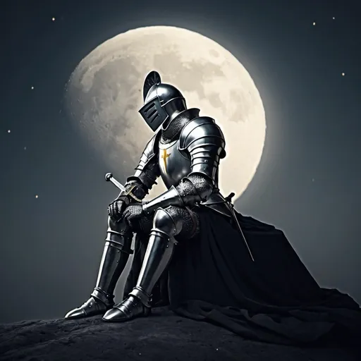Prompt: I need an image where a knight is lying with his sword beside him and while he's looking at the moon he is thinking about his long lost love