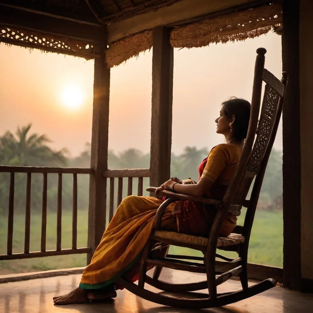 Prompt: An Indian lady relaxing in a traditional rocking chair. It is dusk time and she is looking outside through window and enjoying the setting sun.
