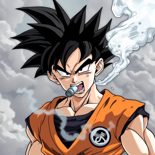 Prompt: black son goku inhaling nitrous oxide 




