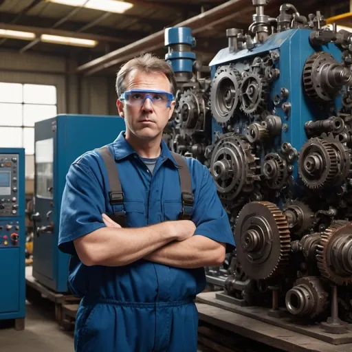 Prompt: A middle-aged Caucasian male mechanical technician, wearing a blue work uniform and safety goggles, stands with a puzzled expression in front of a large, intricate industrial machine. The machine is filled with gears, pipes, and digital displays, situated in a well-lit factory setting with tools and parts scattered around.