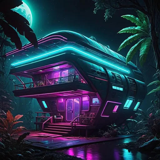Prompt: space ship alien future jungle modern style cabin neon lights 1920 x 1080