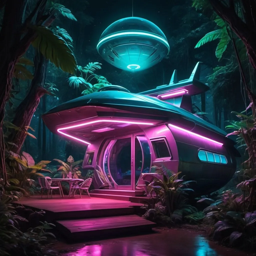 Prompt: space ship alien future jungle modern style cabin neon lights