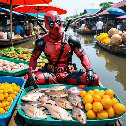 Prompt: the Deadpool selling the Blackchin tilapia at the Thailand Samut Prakan Floating Market. And there is a banner that says "Hello Saturday" in the sky.