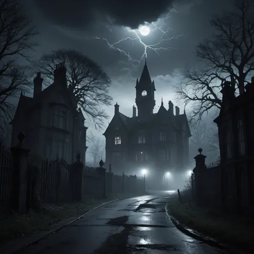 Prompt: A hauntingly beautiful image of Thornwood's deserted streets shrouded in mist, with the imposing silhouette of Professor Aldric's abandoned estate in the background. The sky above is dark and foreboding, illuminated only by flashes of lightning, while twisted shadows lurk in the corners, hinting at the malevolent force that threatens to consume everything in its path. The overall atmosphere is one of eerie mystery and looming danger, drawing the viewer into the world of "Shadows of Destiny" with a sense of both fascination and trepidation.