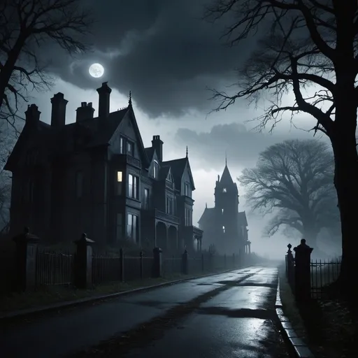 Prompt: A hauntingly beautiful image of Thornwood's deserted streets shrouded in mist, with the imposing silhouette of Professor Aldric's abandoned estate in the background. The sky above is dark and foreboding, illuminated only by flashes of lightning, while twisted shadows lurk in the corners, hinting at the malevolent force that threatens to consume everything in its path. The overall atmosphere is one of eerie mystery and looming danger, drawing the viewer into the world of "Shadows of Destiny" with a sense of both fascination and trepidation.