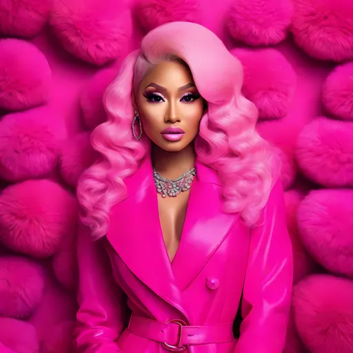 Prompt: Vibrant digital portrait of Nicki Minaj, bold and colorful, high definition, hyper-realistic, lighting, glamorous makeup, larger ultra-detailed,, hyper-realistic, dynamic pose, professional lighting in hot pink long coat in pink slip dress pink long gloves pink kawaii hair hugging poodle