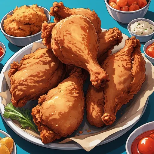 Prompt: Anime-style illustration of delicious fried chicken, vibrant colors, crispy texture, detailed shading, high quality, anime, vibrant colors, detailed shading, crispy texture, delicious, highres, professional