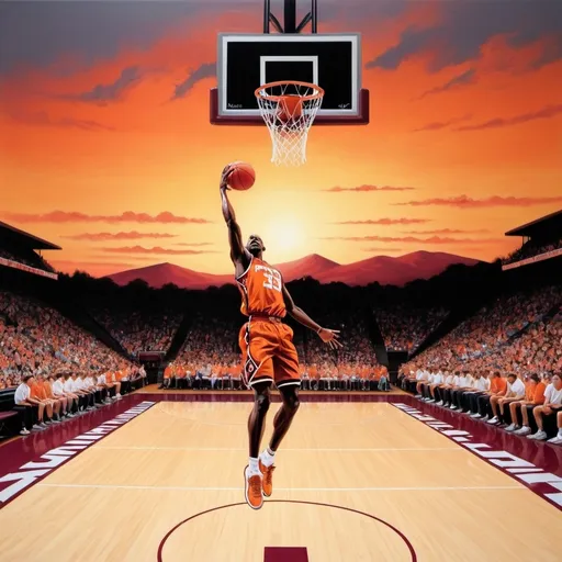 Prompt: style of art : real,  a medium : acrylic, a subject : landscape,  a mood or emotion : energetic and serene Choose a color palette: vibrant, a technique: blending, a composition: asymmetrical Choose a perspective : 3rd person Choose a time of day : sunset Choose a location: mountain top scene: Michael Jordan dunking a basketball on a court, which has a Virginia Tech logo at the center of the court